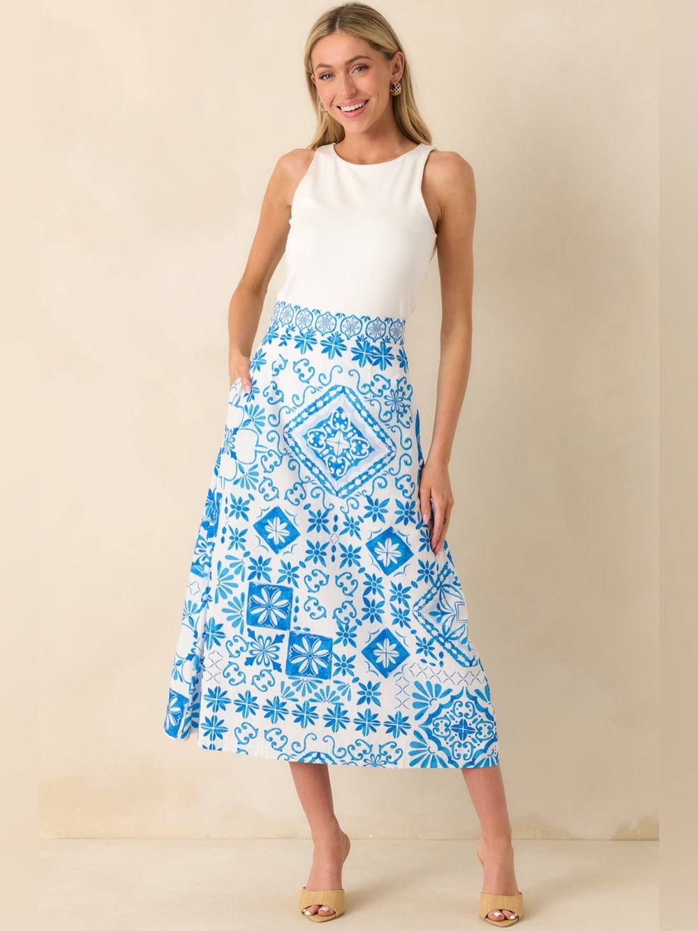 NWT Prosperina Hemingway Blue Tile Print Cotton Midi Skirt M